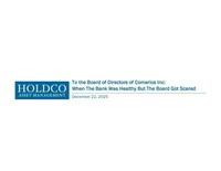 HOLDCO ASSET MANAGEMENT RELEASES PRESENTATION TO THE BOARD OF DIRECTORS OF COMERICA INC.